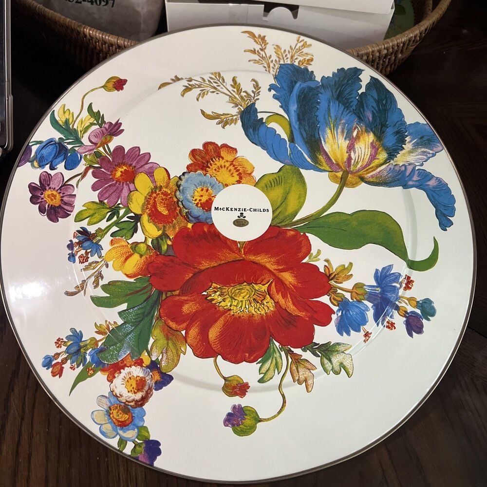 Mackenzie-Childs Flower Market White 16" Round Serving Platter Enamelware Metal